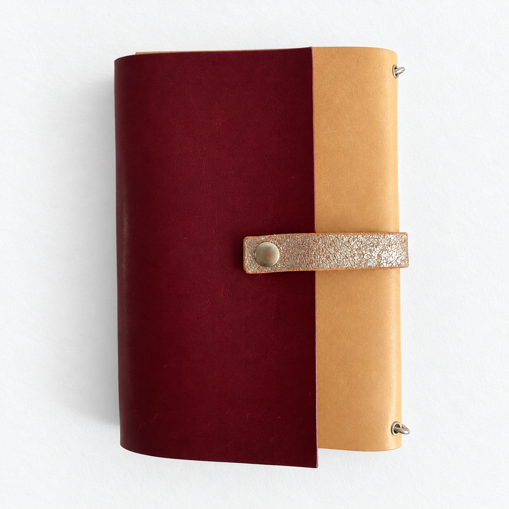 Carnet Anémone en cuir prune et naturel