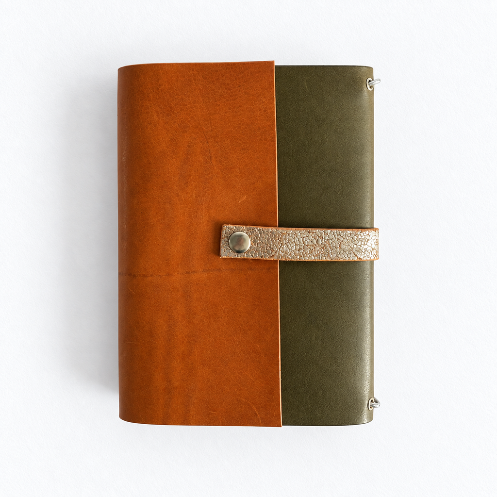 Carnet Anémone en cuir olive et cognac